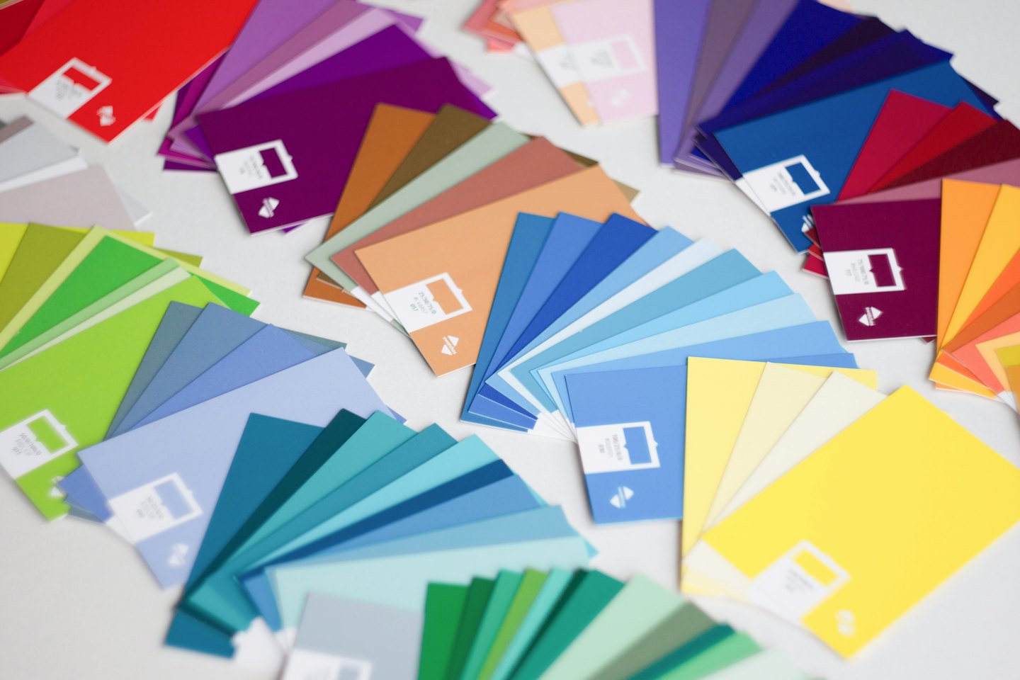 Fanned out color swatches show a spectrum of hues.
